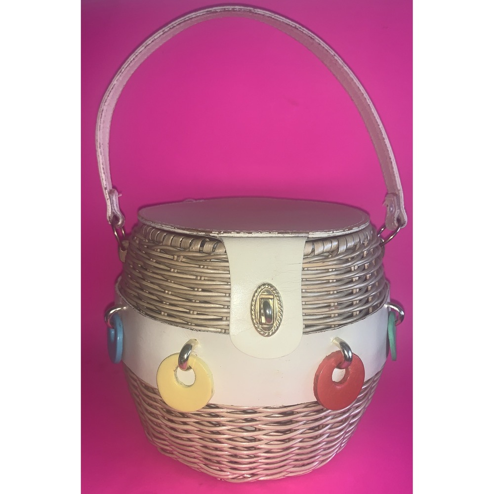 Vintage Marcus Brothers Wicker Rattan round Unique Carmen Miranda handbag Rare